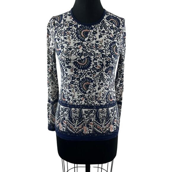 TORY BURCH White Navy Blouse Cotton Moroccan Crew Neck Pullover Size XX-Small - Picture 1 of 9